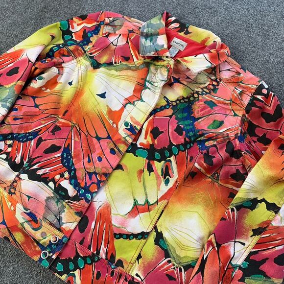 Chico’s Jacket Womens 3 Multicolor Butterfly Abstract Watercolor Snap Button - Picture 3 of 13